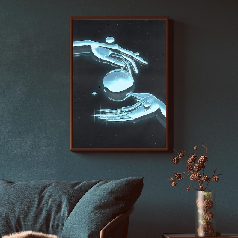 May include: A digital art print featuring two glowing, metallic hands holding a glowing orb in the center of a dark blue background with white stars.