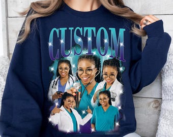 Sudadera con capucha estilo rap pirata con foto de enfermera personalizada, camiseta gráfica pop de enfermera de la UCI — Sudadera con capucha retro