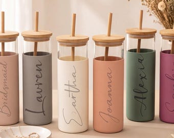 Personalized Bridesmaid Tumbler with Straw, Engraved Name Glass Cup, Silicone Sleeve, Bamboo Lid, Bridesmaid Proposal Gift, Wedding Party