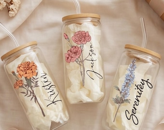 Personalized Teacher Glass Cup, Custom Birth Flower Tumbler, Back to School Gift, Teacher Appreciation