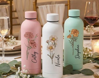Bridesmaid Gift Personalized Water Bottle, Custom Birth Flower Tumbler, Bridal Shower Gift Idea, 17oz Travel Cup, Wedding Party Gym Bottle