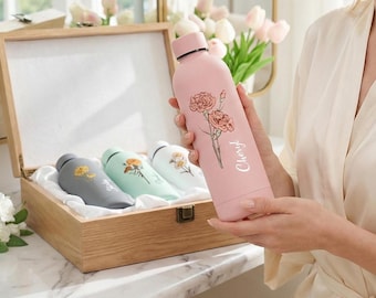 Personalized Bridesmaid Water Bottle, Birth flower tumbler, Bridal shower gift, Custom travel cup, Wedding party favor, 17oz Gym bottle