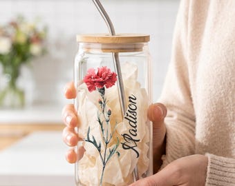 Personalized Teacher Glass Cup, Custom Birth Flower Tumbler, Back to School Gift, Teacher Name Cup, Teacher Appreciation