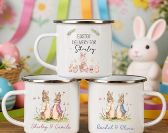 Personalised Easter Mug, Vintage Rabbit Initial Cup, Custom Kids Bunny Mug, Unbreakable Enamel Camp Mug, Easter Gift for Child Boy Girl