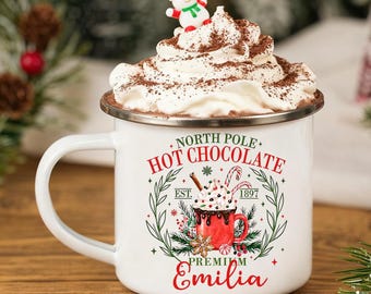 Taza navideña personalizada para niños con chocolate caliente, taza con nombre personalizado para chocolate caliente, taza de cerámica o esmalte para acampar, detalle para la caja de Nochebuena, regalo navideño