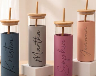 Personalized Engraved Glass Tumbler with Straw, Bamboo Lid, Silicone Sleeve, Custom Name Cup, Birthday Gift for Her