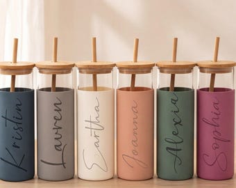Personalized Engraved Glass Tumbler, Silicone Sleeve, Bamboo Lid, Mother's Day Gift, Birthdays for Mom