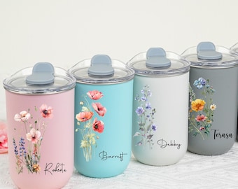 Personalized Stainless Tumbler cup, Birth Flower Coffee Cup with Name, Bridesmaid Proposal, Party Favor, Gifts For Her