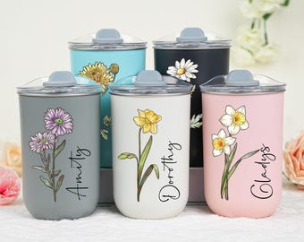 Personalized Birth Flower Tumbler,Coffee Cup,Bridesmaid Proposal Gift,Wine Tumbler with Lid,Stainless Steel Bottle,Bridesmaid Gift