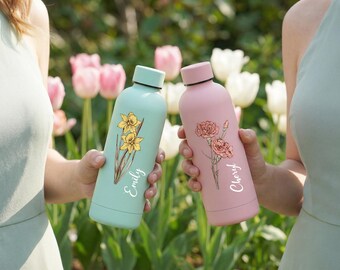 Personalized Bridesmaid Tumbler, Custom Birth Flower Water Bottle, Bridal Shower Gift for Bridesmaids, 17oz Travel Cup, Wedding Party Gift