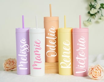 Personalized 16 oz Skinny Tumbler with Lid and Straw, Custom Name Bridesmaid Cup, Bridesmaid Gifts, Wedding Party Favors