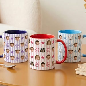 May include: Three ceramic mugs with colorful handles and interiors. Each mug features a repeating pattern of faces, stars, and the text "Best Daddy Ever!". The mugs have blue, red, and blue handles and interiors.