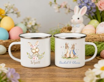 Custom Easter Bunny Mug, Personalized Kids Camp Cup, Rabbit Enamel Mug with Name, Unbreakable Toddler Easter Gift, Metal Cup for Kids