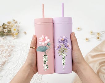 Tazza personalizzata con fiori per il mese di nascita, bicchiere floreale personalizzato per la mamma, regalo di compleanno per donne, tazza da caffè con nome, bicchiere floreale regalo di nascita