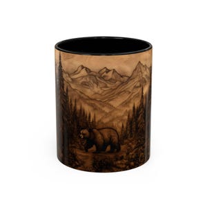 Bear Forest Engraved Coffee Cup, Woodgrain Style 11oz, Rustic Natural Design, Earthy Tones, Wilderness Setting