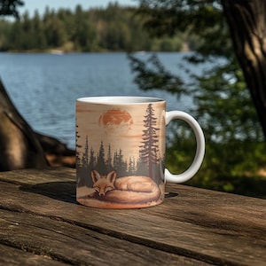Caneca de Raposa Dormindo - Xícara de Café Rústica da Floresta com Design de Animal da Floresta | Presente para Amantes da Natureza, Decoração de Cabana