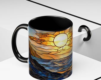 Tazza in vetro colorato con onda oceanica: tazza da caffè in ceramica con tramonto costiero