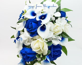 Navy Blue White Cascade Bridal Bouquet - Real Touch Callas Roses Rhine –  Songs from the Garden