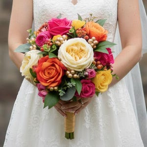 Faux bouquet de mariée pour bal de finissants, jaune orangé et rose vif - Ajoutez un corsage à la boutonnière