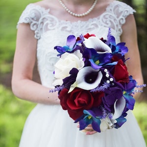 Galaxy Blue Orchid Callas Burgundy Roses Bridal or Bridesmaid Bouquet - add a Groom&#39;s or Groomsmen Boutonniere Wedding Centerpiece & More!