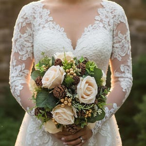 Winter Wedding Bridal Bouquet Evergreens Gold & Ivory Bouquet Eucalyptus Pine Cones - add a Groom's Boutonniere Corsage Flower Crown More!