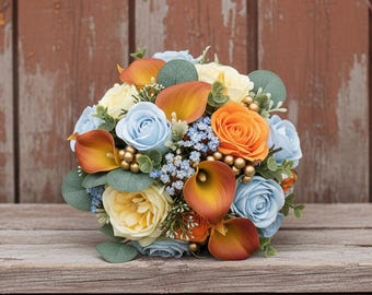 Fall Wedding Prom Bridal Bouquet Light Blue Orange Gold: Add Boutonniere Corsage More More