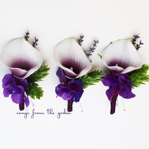 Real Touch Picasso Calla Lily Boutonniere Groom Groomsmen - Hops Lavender Hydrangea Accents - Wedding Prom Homecoming Boutonniere