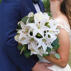 Real Touch Bridal or Bridesmaid Bouquet Tiger Lilies Peonies Roses Eucalyptus - add a Groom Groomsman  Boutonniere Bridesmaid Bouquet & More