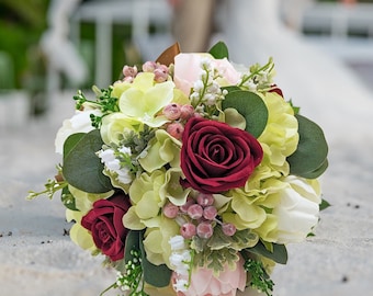 Bridal or Bridesmaid Wedding Bouquet Lily of the Valley Peonies Roses Hydrangea Pink White - Add Groom's Boutonniere Flower Crown and More!