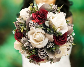 Winter Wedding Bridal Bouquet Evergreens Burgundy Silver & White Bouquet Pine Cones Real Touch Roses - add a Groom's Boutonniere and More!