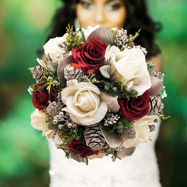 Winter Wedding Bridal Bouquet Evergreens Burgundy Silver & White Bouquet Pine Cones Real Touch Roses - add a Groom's Boutonniere and More!