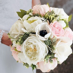 Blush Bridal or Bridesmaid Bouquet Succulents Peonies Cabbage Roses Anemones - Add Groom&#39;s Boutonniere Wedding Flower Halo Corsage More!