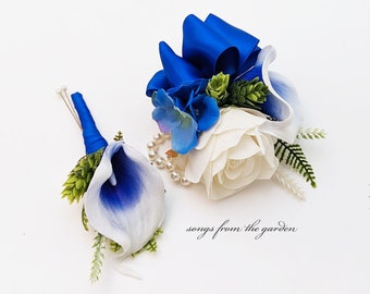 Real Touch Royal Blue Picasso Calla + Rose Boutonniere or Corsage - Customize for Your Wedding Colors - Wedding Prom Boutonniere and Corsage