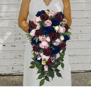 Cascade Bridal Bouquet Burgundy Pink Navy - Tulips Roses Peonies Berries Greenery - Add Groom Boutonniere Bridesmaid Bouquet & More!