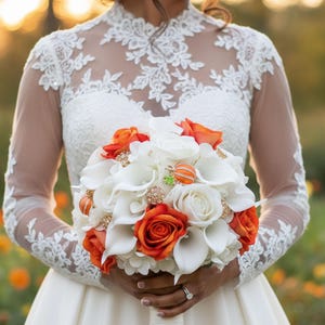 Fall Bridal Bouquet Pumpkin Brooches Orange Rose White Callas - Add Groom Boutonniere Bridesmaid Bouquet Corsage for Your Wedding Package
