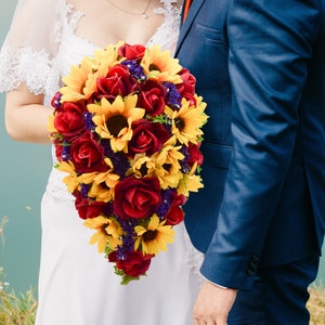 Sunflower Fall Wedding Bouquet Red Roses Purple Accents - Add Groom Boutonniere Bridesmaids Bouquets Corsages Wedding Arch Flowers & More