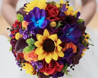 Wedding Bouquet Red Blue Yellow Orange Bridal Bouquet Calla Lilies Sunflowers Roses -  Add Boutonniere Flower Crown Arch Flowers & More!