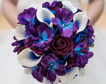 Galaxy Blue Orchid Calla Bridal or Bridesmaid Bouquet - add a Groom's or Groomsman Boutonniere - Royal Blue Plum White Wedding Bouquet