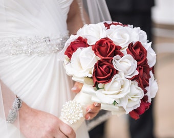 White & Red Real Touch Roses Bridal or Bridesmaid Bouquet - add a Groom or Groomsmen Boutonniere or Flower Crown Arch Flowers Cake Flowers