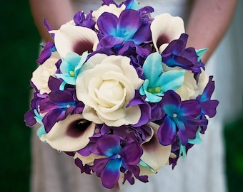 Blue Galaxy & Aqua Orchid Bridal or Bridesmaid Bouquet - add a Groom's or Groomsmen Boutonniere Arch Flowers Centerpieces Corsages and More!