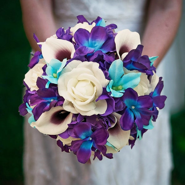 Blaue Galaxie & Aqua Orchidee Braut oder Brautjungfer Bouquet - fügen Sie einen Bräutigam oder Groomsmen Boutonniere Bogen Blumen Mittelstücke Corsagen und mehr!