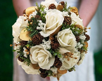 Winter Wedding Bridal Bouquet Evergreens Gold & White Bouquet Eucalyptus Pine Cones Real Touch Roses - add a Groom's Boutonniere and More!