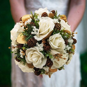 Winter Wedding Bridal Bouquet Evergreens Gold & White Bouquet Eucalyptus Pine Cones Real Touch Roses - add a Groom&#39;s Boutonniere and More!