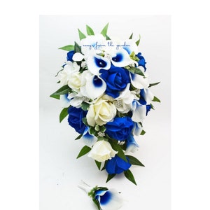 Cascade Bridal Bouquet Royal Blue Callas Real Touch White Roses Rhinestones - Add Groom Boutonniere Wedding Centerpiece Flower Crown & More!