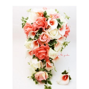Cascade Bridal Bouquet Coral Picasso Callas Real Touch White Coral Roses - add Groom's Boutonniere Bridesaid Bouquet Flower Crown & More!