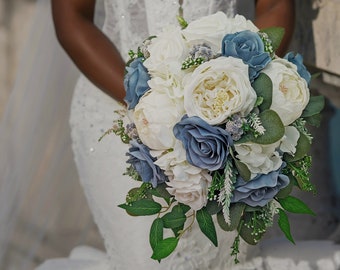 Cascade Bridal Dusty Blue Roses White Garden Roses Peonies Greenery - Add Boutonniere Bridesmaid Bouquet Corsage Boutonniere Crown & More!