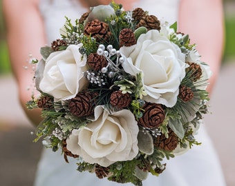 Winter Wedding Bridal Bouquet Evergreens Silver & White Bouquet Pine Cones Real Touch Roses - add Boutonniere Wedding Party Bouquets Corsage