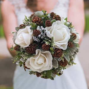 Winter Wedding Bridal Bouquet Evergreens Silver & White Bouquet Pine Cones Real Touch Roses - add Boutonniere Wedding Party Bouquets Corsage