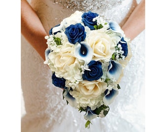 Cascade Bridal Bouquet Navy Blue Callas Roses Real Touch Ivory Roses - Add Groom Boutonniere Bridesmaids Bouquets Flower Crown & More!