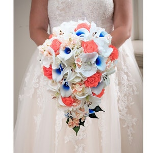 Cascade Bridal Bouquet Real Touch Rose Tiger Lily Cherry Blossom Orchids Rose- Coral Royal Blue Blush White  - Add Groom Boutonniere & More!